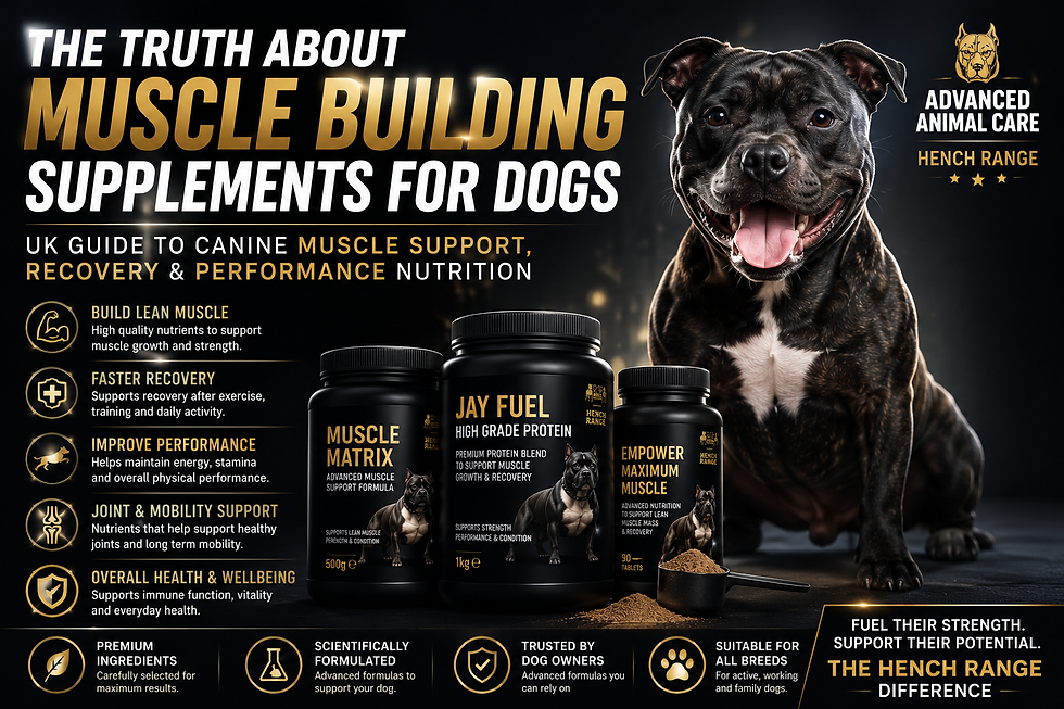The Truth About Muscle Building Supplements for Dogs
UK Guide to Canine Muscle Support, Recovery & Performance Nutrition