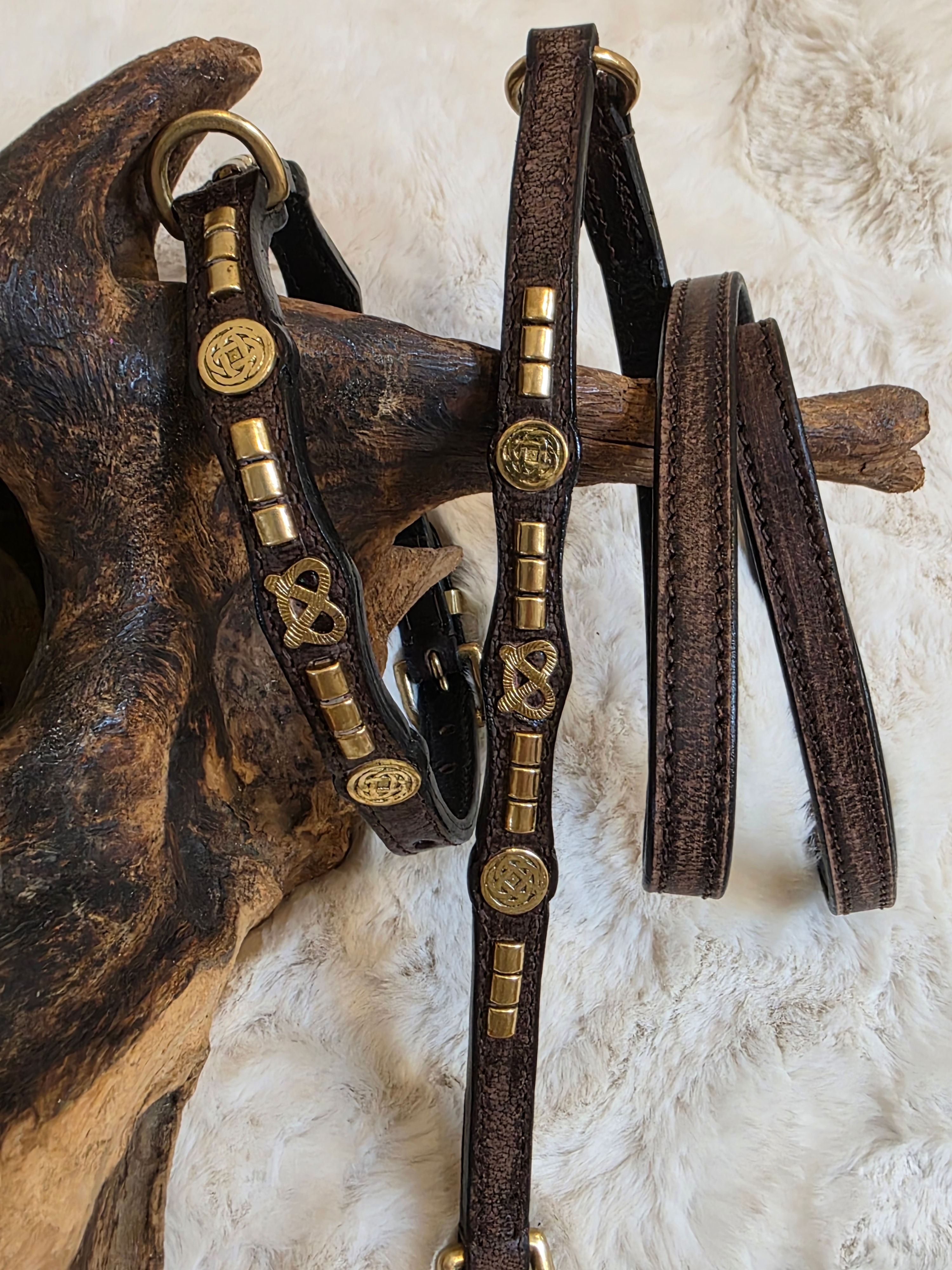 Hench Wear Antique Heritage Oak Brown Celtic Staffy Collar & Lead Hand-dyed 