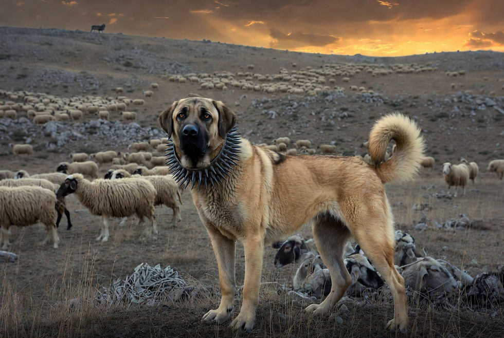 Kangal wearing Spiked Collar For Protecftion From Wolves Biting The Neck During Guardingn Flock