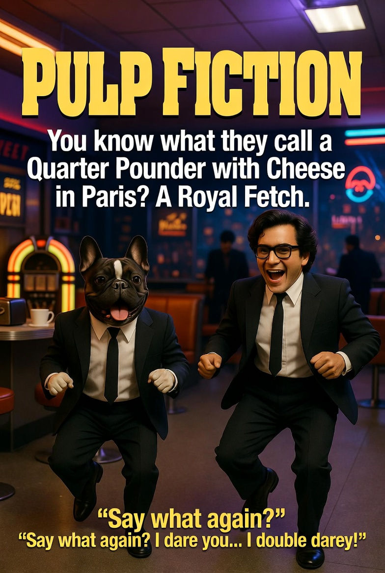 Pulp Fiction – French Bulldog as Vincent & Boxer as Jules | You know what they call a Quarter Pounder with Cheese in Paris? A Royal Fetch. Say what again 