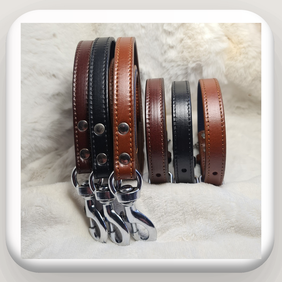 Thumbnail: Leather Collar and Lead Set Brown Black Tan colour, best leather handcrafted best reviews