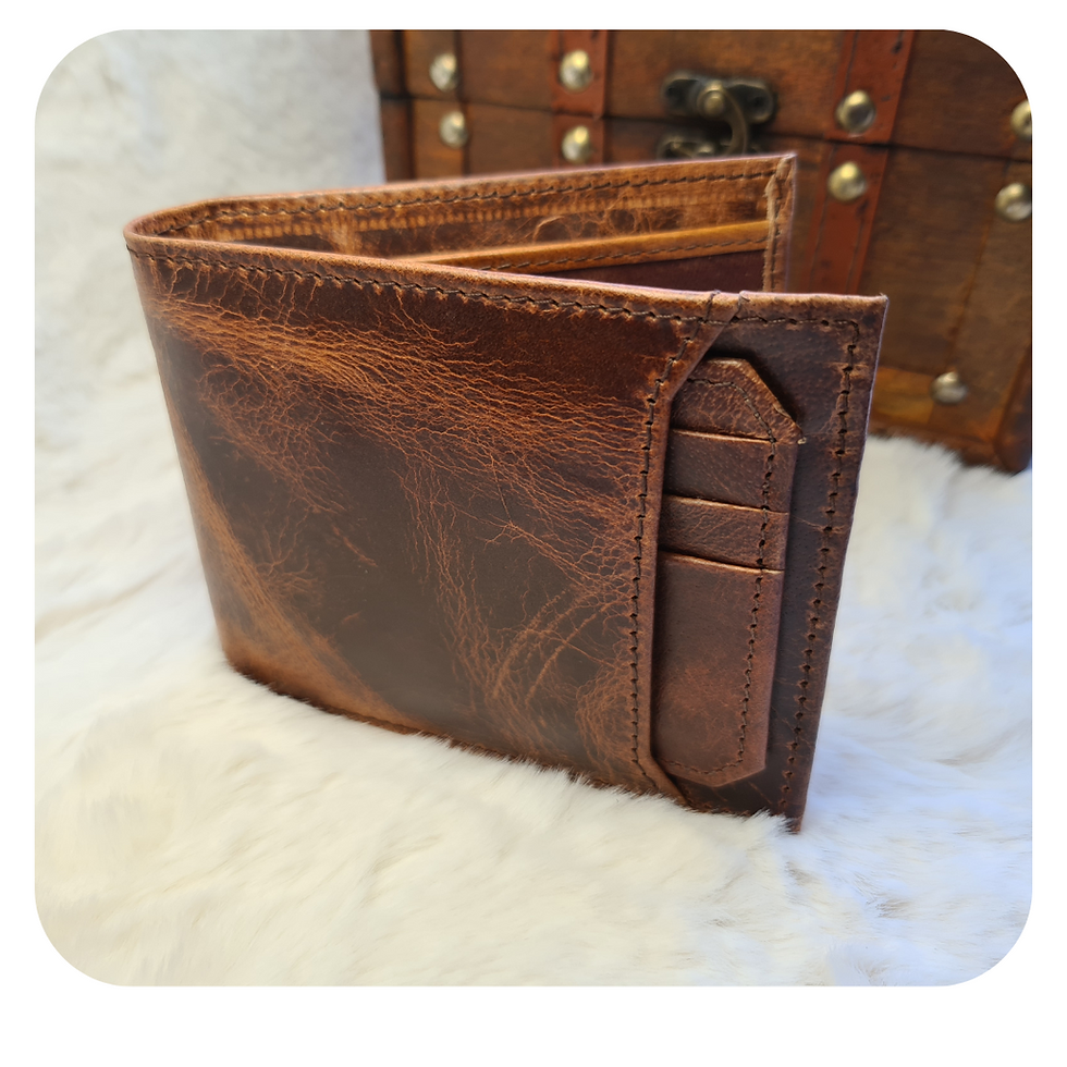 Thumbnail: close up of vegetable tanned leather wallet in rustic antique design rich tan texture for uk buyer free shipping