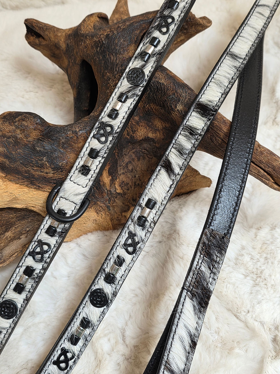 Thumbnail: Black & White Pied Hair-On Celtic Heritage Staffy Show Collar &  Lead Set 