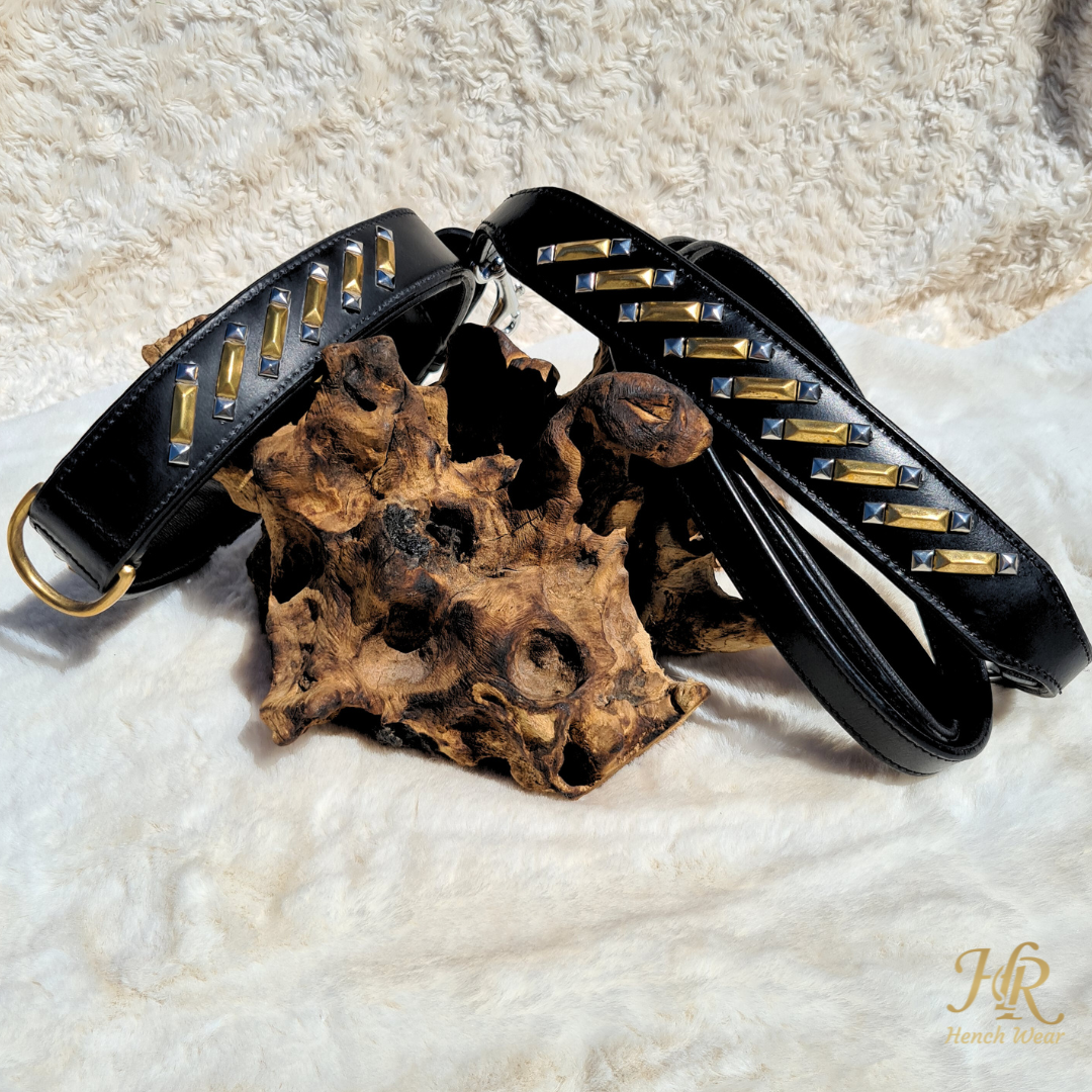 Black leather dog collar and lead set, Hench Range, handcrafted for all dogs, free shipping in UK