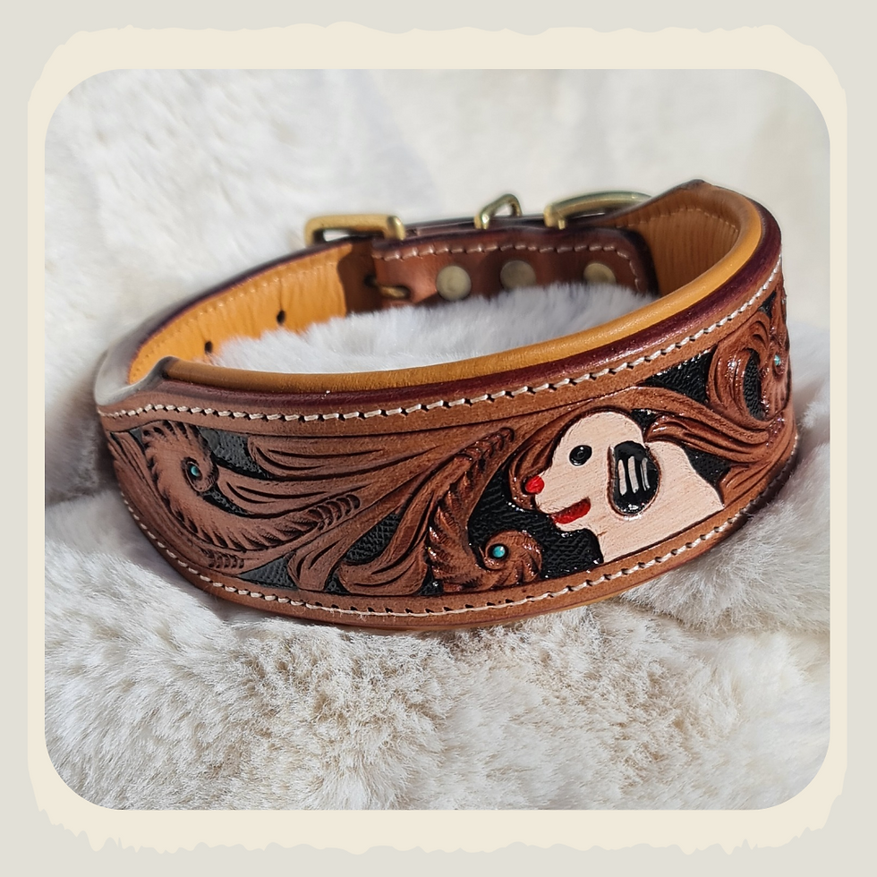 Thumbnail: Handcrafted Full-Grain Buffalo Leather Dog Collar with Intricate Floral & Dog Mo