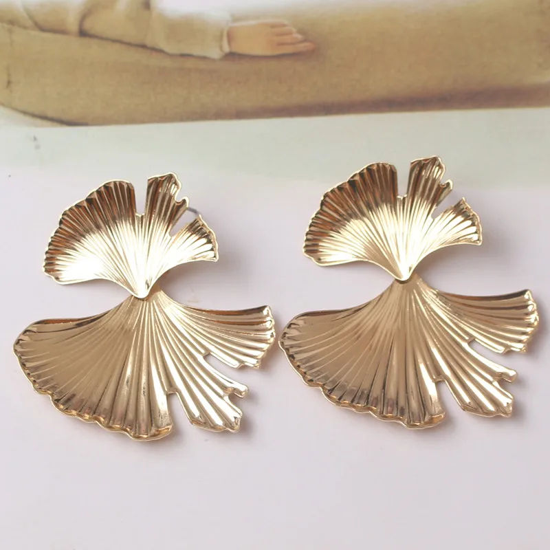 Thumbnail: New Ginkgo Biloba Dangle Earrings for Women Gold Color Top Metal Statement Drop 