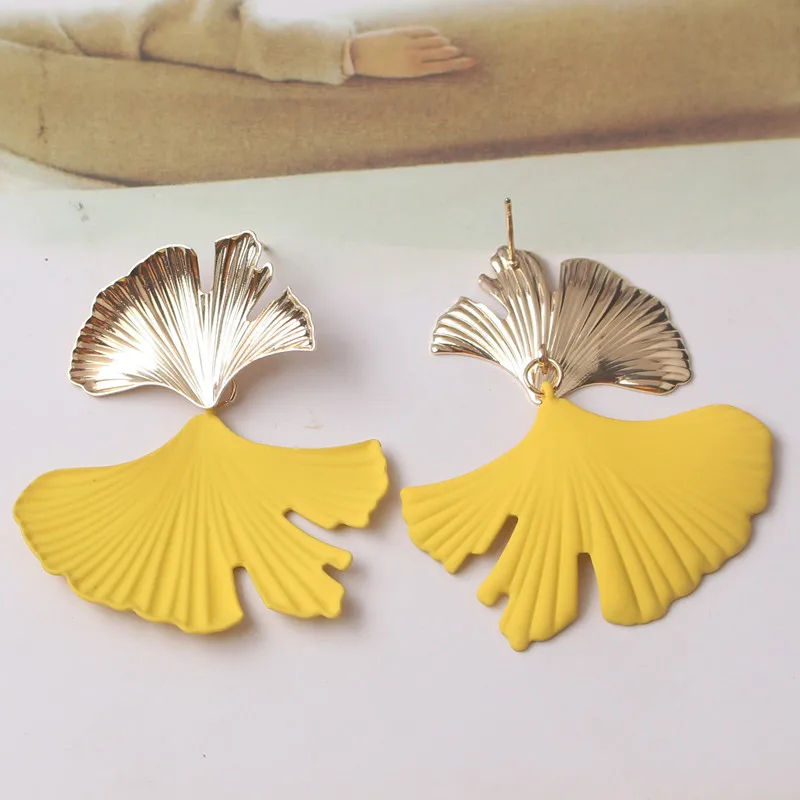Thumbnail: New Ginkgo Biloba Dangle Earrings for Women Gold Color Top Metal Statement Drop 