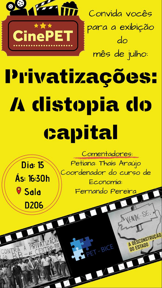 O PET-BICE gostaria de convidar a todos e a todas para o CinePET do mês de julho.