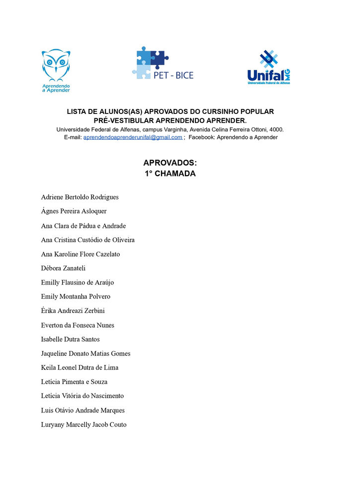 Resultado - 1ª Chamada de alunos ao Cursinho Aprendendo a Aprender no segundo semestre de 2020