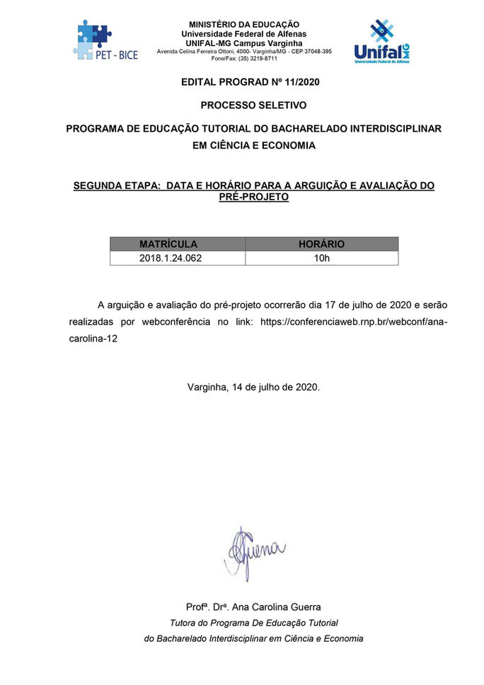 Data e Horário da Segunda Etapa do Edital 11/2020
