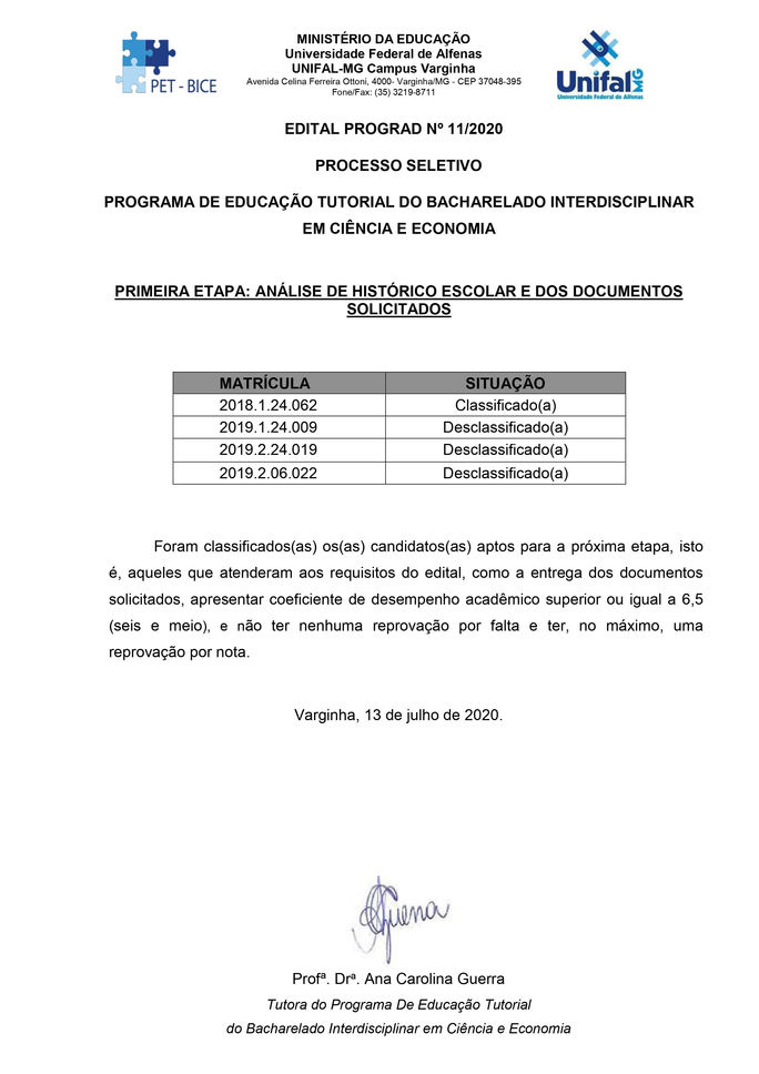 Resultado 1ª Etapa do Processo Seletivo - Edital 11/2020