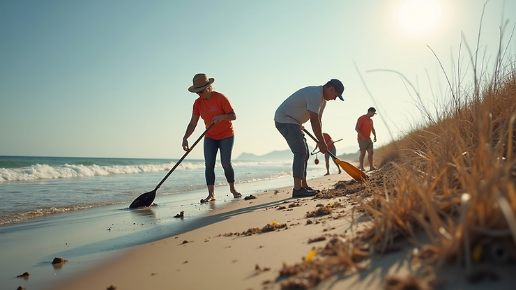 High angle view of a volunteer group cleaning a beach