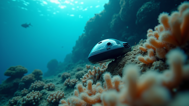 Close-up view of autonomous underwater vehicle exploring coral reef