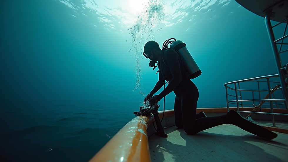 Eye-level view of scuba diver preparing equipment on a boat deck