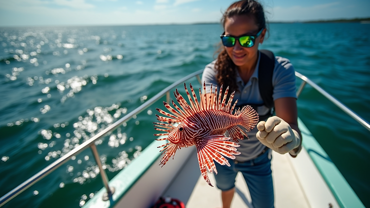 High angle view of a community lionfish removal event on a boat