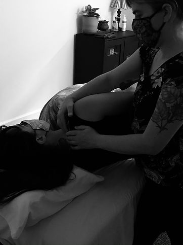 Image of deep tissue message to relieve pressure in right shoulder.