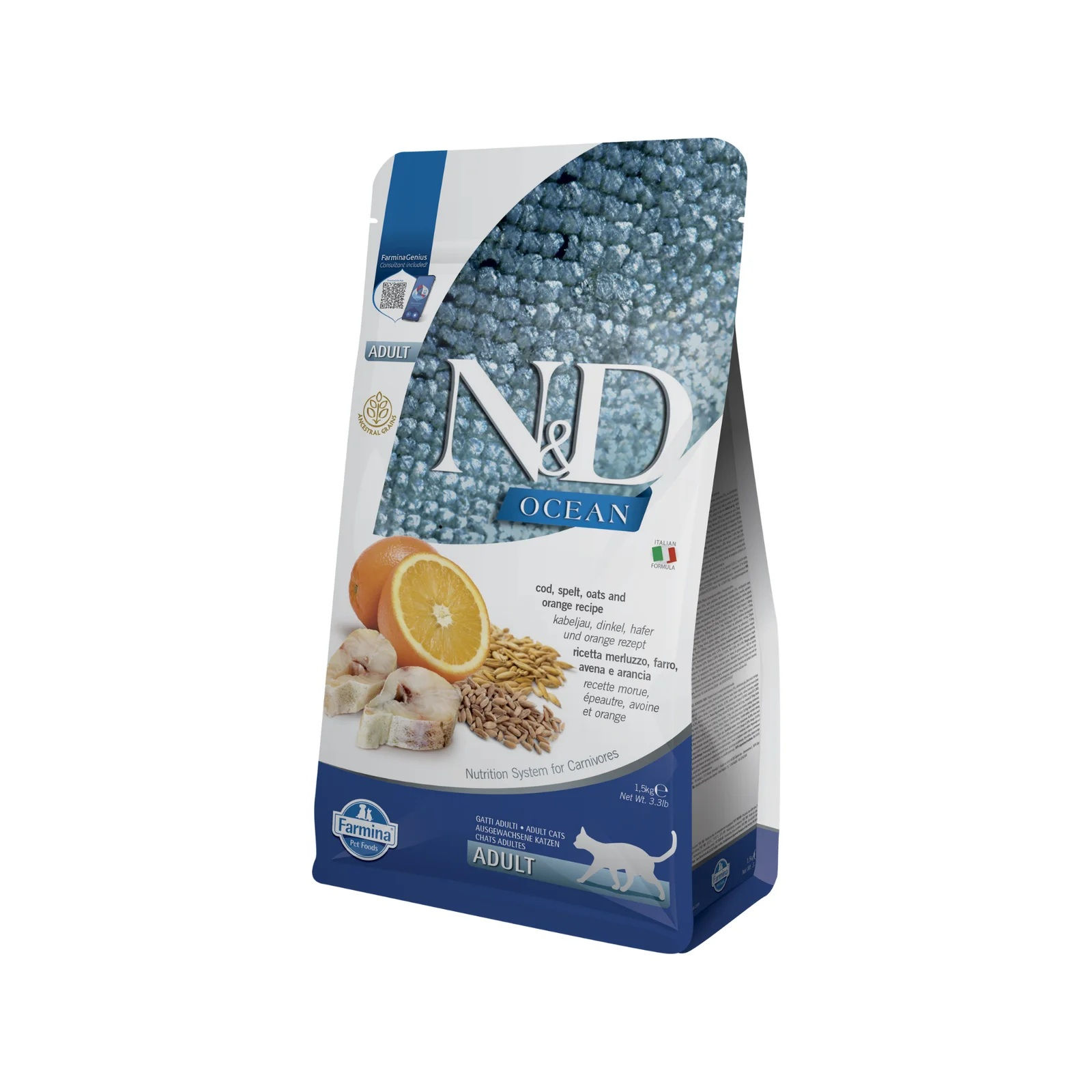 N&D OCEAN ANCESTRAL GRAIN CODFISH ORANGE 5 kg barība kaķiem