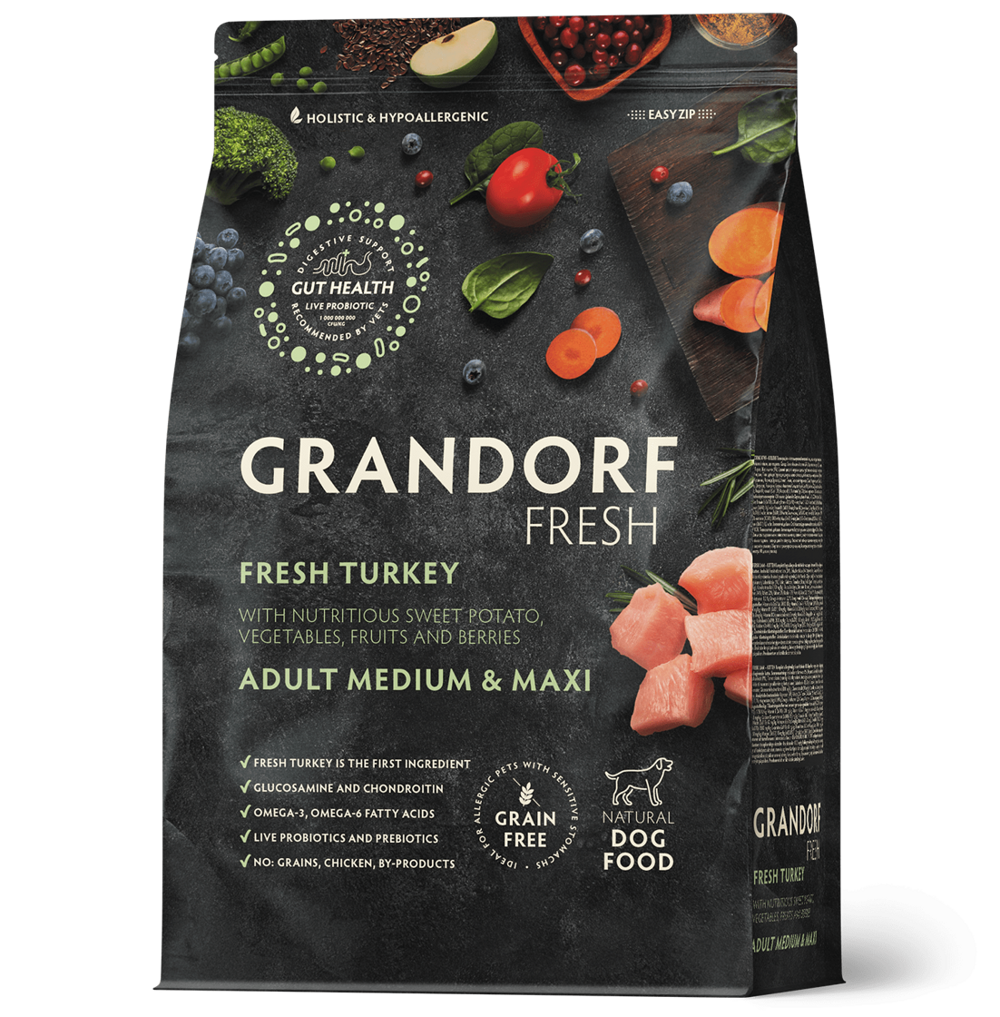 GRANDORF Fresh Turkey Adult Medium Maxi Breeds bezgraudu sausā barība vidējo un lielo šķirņu pieaugušajiem suņiem