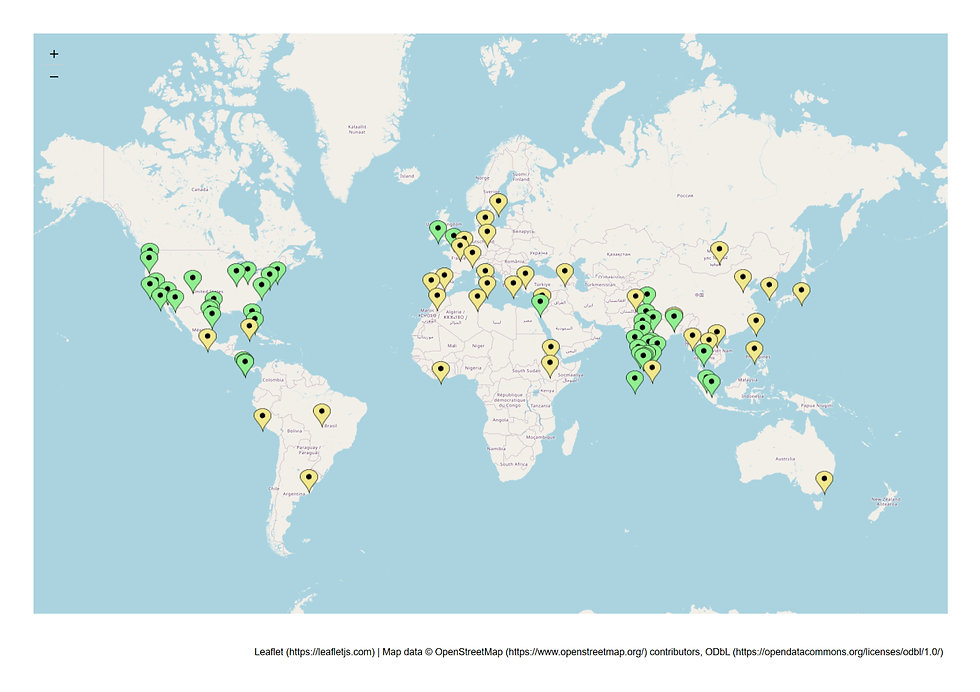 world map where green markers stand for cities we’ve eaten in and yellow markers represent cities that are the source of cuisines we’ve eaten. Showing markers in 45 countries.