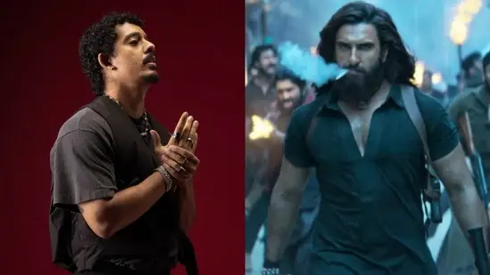 Split image: Left, a person in black against a red background with hands clasped. Right, a person with long hair walking amidst flames in a dramatic scene.