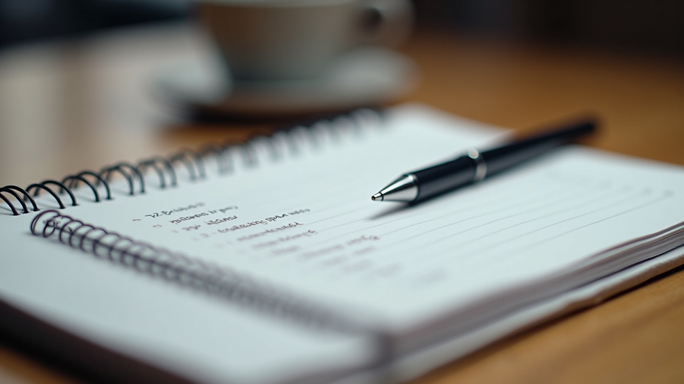 Close-up of a notebook with content ideas and a pen