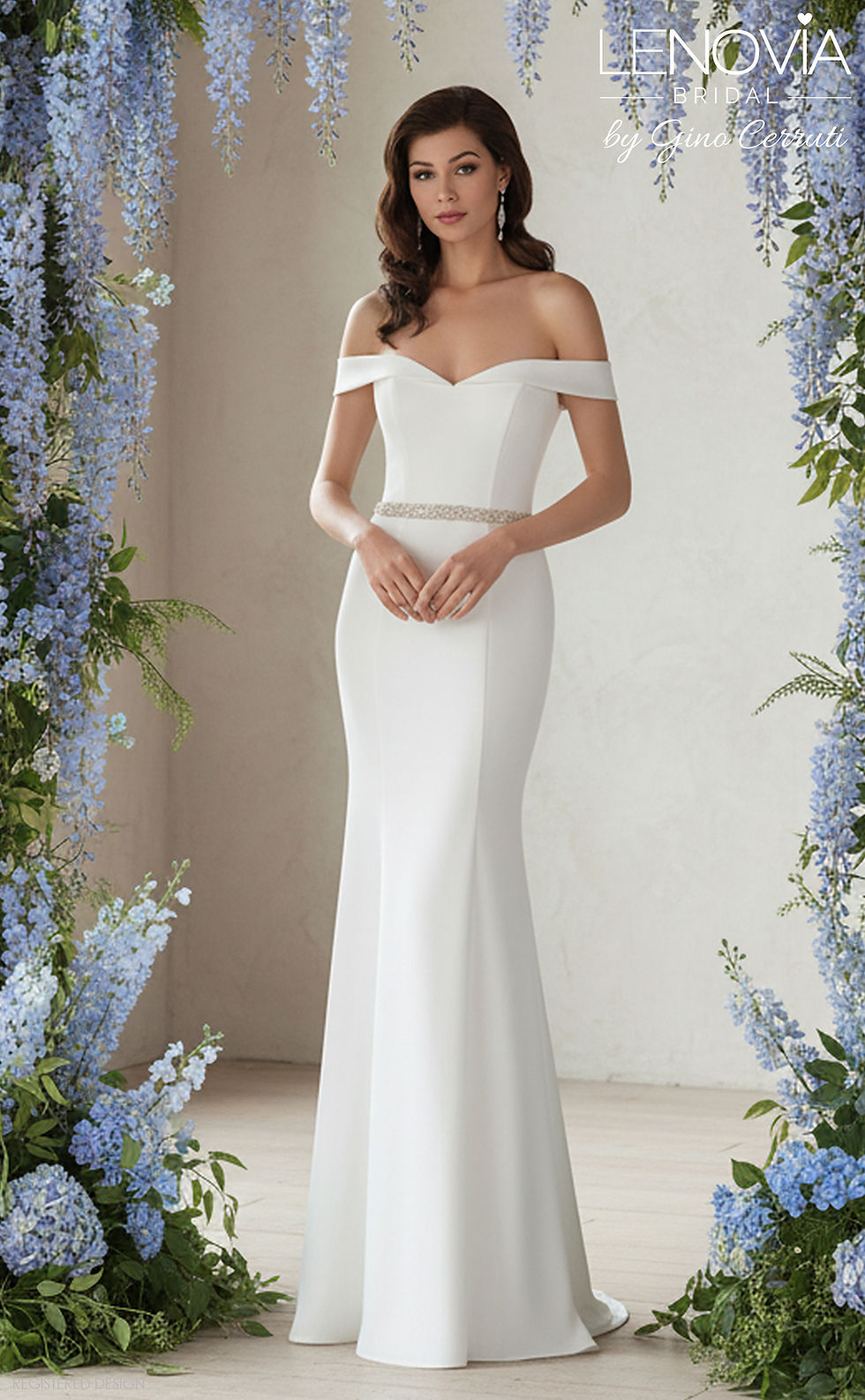 Thumbnail: Lenovia Octavia fitted crepe wedding dress in size 14 and 16