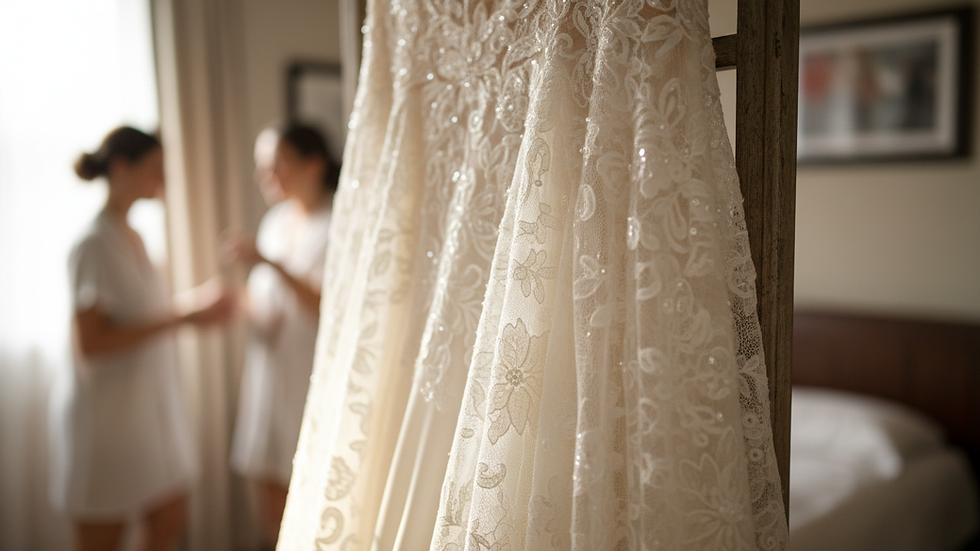 Close-up view of a delicate lace wedding dress hanging on a rack