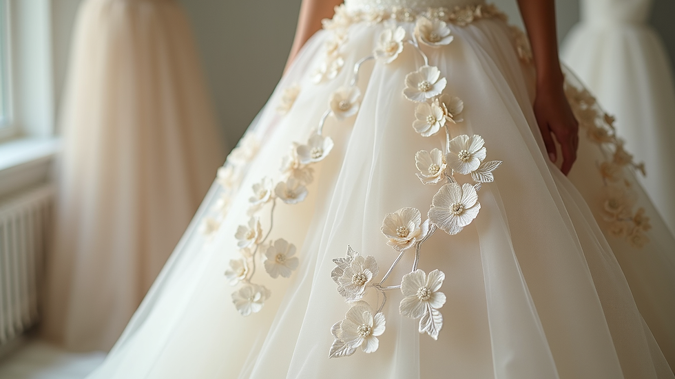 Close-up view of a wedding dress with 3D floral appliqué on the skirt