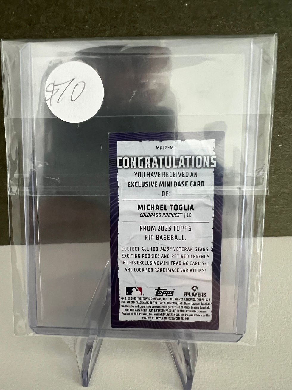 Thumbnail: Michael Toglia Topps Rip RC Baseball Card - Numbered 2/5, Condition: Good