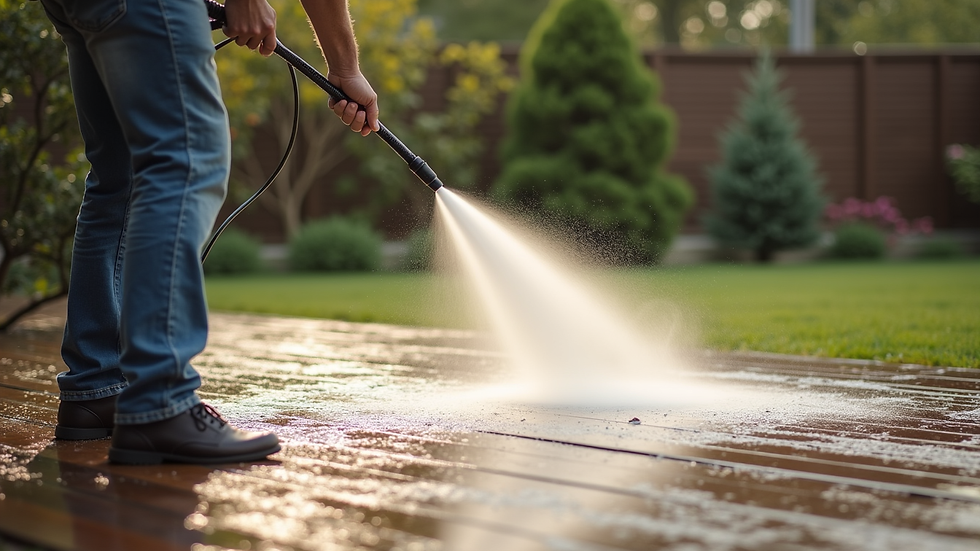 Close-up of a professional pressure washing a wooden deck