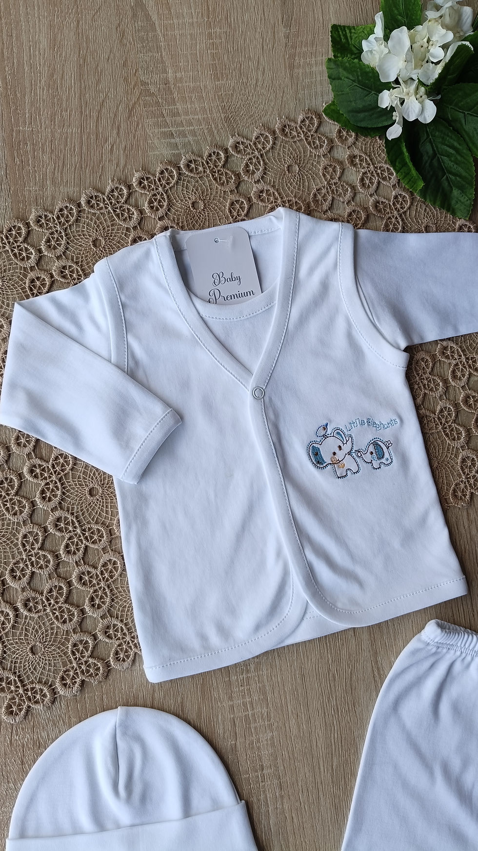 Miniatura: Ajuar básico  elefantes  blanco 💯 algodón pima 