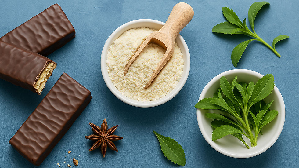 Chocolate bars, a bowl of maltitol with a scoop, star anise, and stevia leaves on a blue surface, conveying a natural, earthy mood.