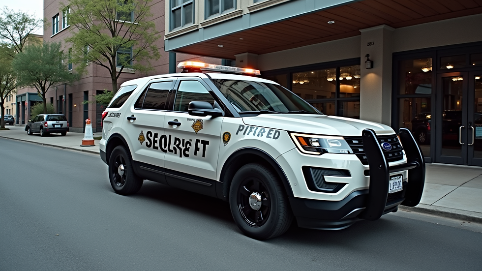 High angle view of a security patrol vehicle parked outside a commercial building