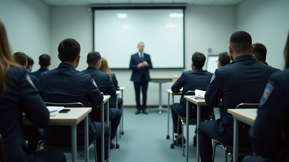 Eye-level view of a classroom with security guard trainees listening to an instructor