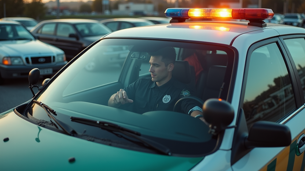 High angle view of a security guard in a marked patrol vehicle driving through a parking lot