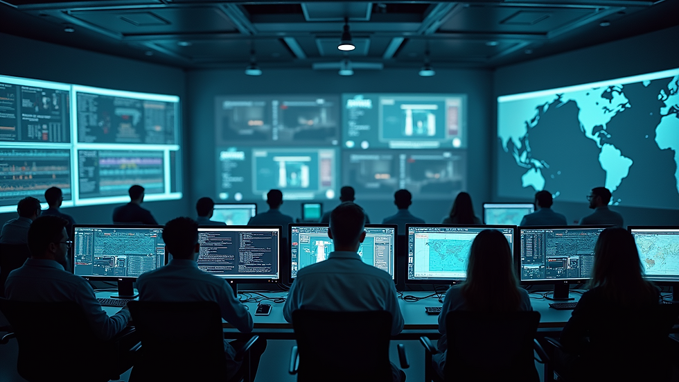 High angle view of a security control room with multiple monitors