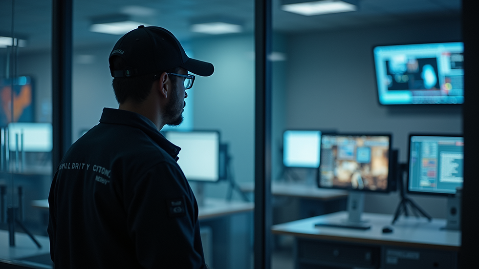 Eye-level view of a security guard monitoring surveillance cameras