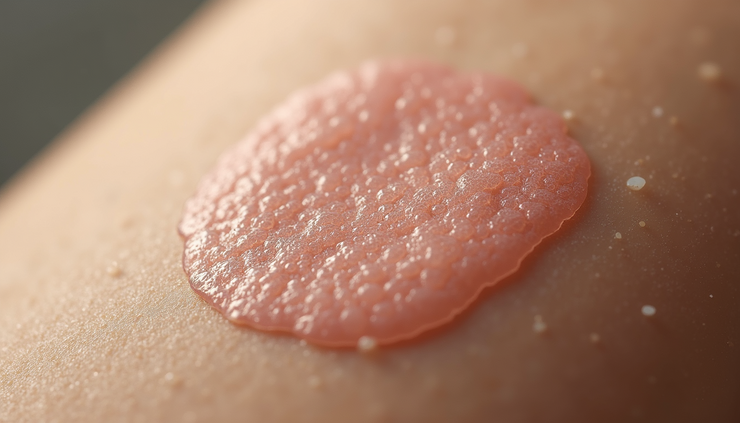 Close-up view of a skin patch showing unusual discoloration and texture