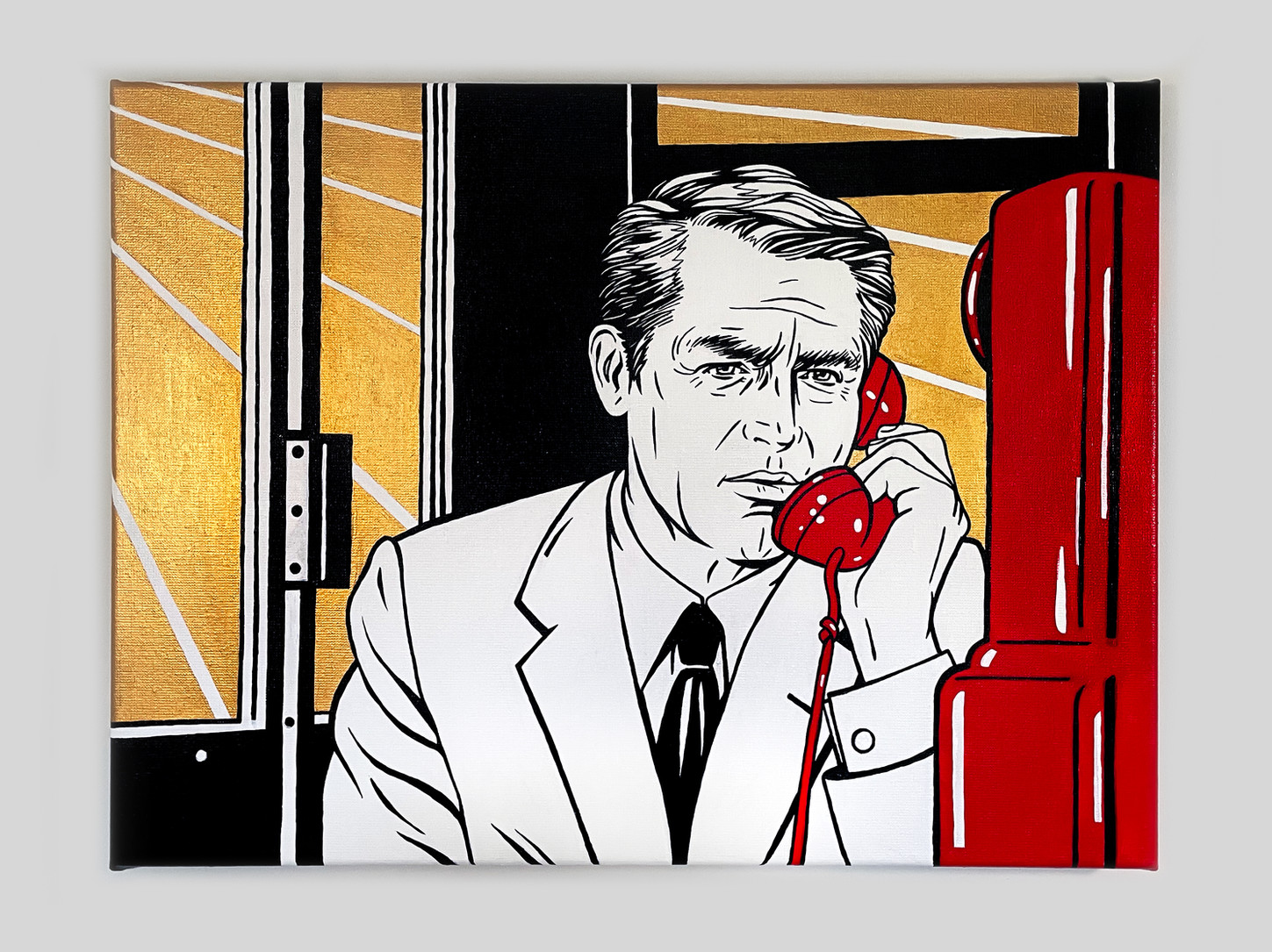 Cary Grant as Roger Thornhill from ‘North by Northwest’ (1959) by Alfred Hitchcock
Painting by Arina Orlova 
Acrylic, gold on canvas, 24x18in
‘It’s a trap’ series. Telephone, phone
Artwork, Art, Artist