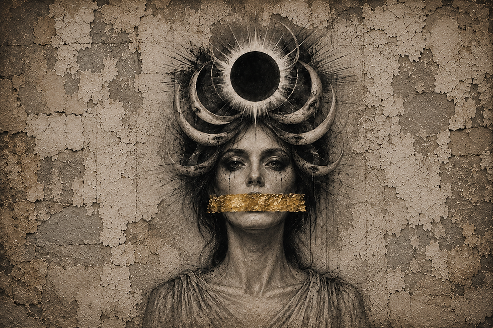 The Eclipse Priestess, a dark celestial woman beneath a black solar eclipse, surrounded by crescent moons with watchful eyes and radiating corona lines. A torn metallic gold band covers her mouth against an aged, cracked plaster background.