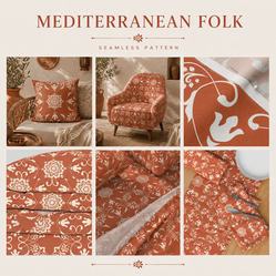 Collection of terracotta and white Mediterranean folk seamless patterns with floral, sun, leaf and ornamental geometric motifs.