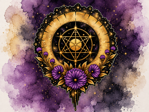Gold celestial geometry symbol with purple flowers and stars on a purple, charcoal and gold watercolor background.