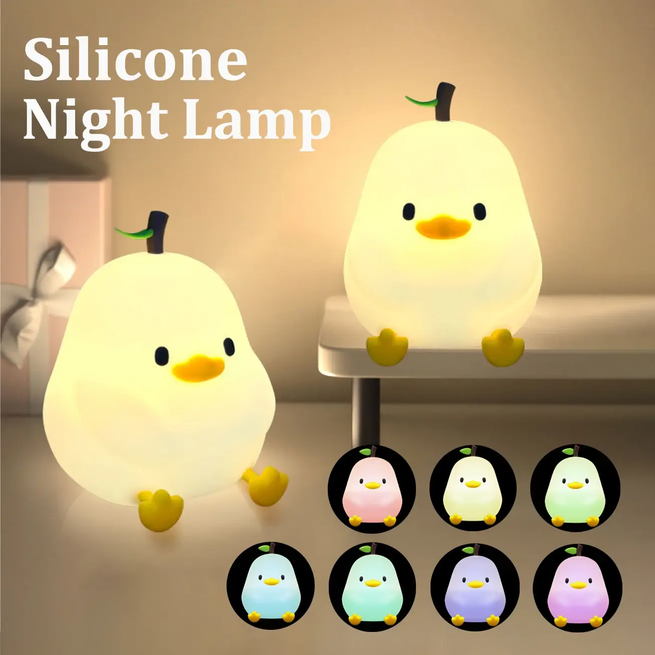 Cute Pear Night Light 7-Color Dimmable Touch-Controlled Night Light Silicone