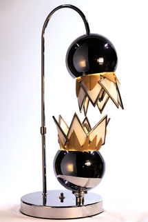 60's style lamp with chrome spheres and artistic flower lamp shades made of bamboo, marbled white glass and nickel plated brass trim