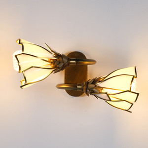 LED, Brass curved arms, wall sconce, white curved glass framed with brass, art deco, LED filament, flower, biophilic design wall sconce