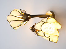 LED, Brass curved arms, wall sconce, white curved glass framed with brass, art deco, LED filament, flower, biophilic design wall sconce
