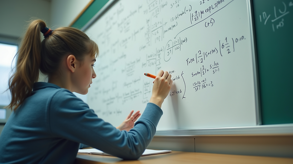 Eye-level view of a student solving complex math problems on a whiteboard in a classroom