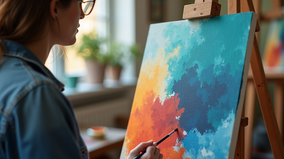 Eye-level view of an easel with a colorful acrylic painting in progress