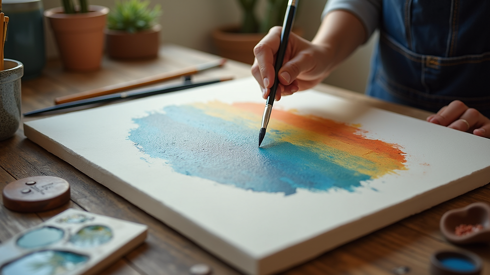 High angle view of a painting workspace with brushes and canvas