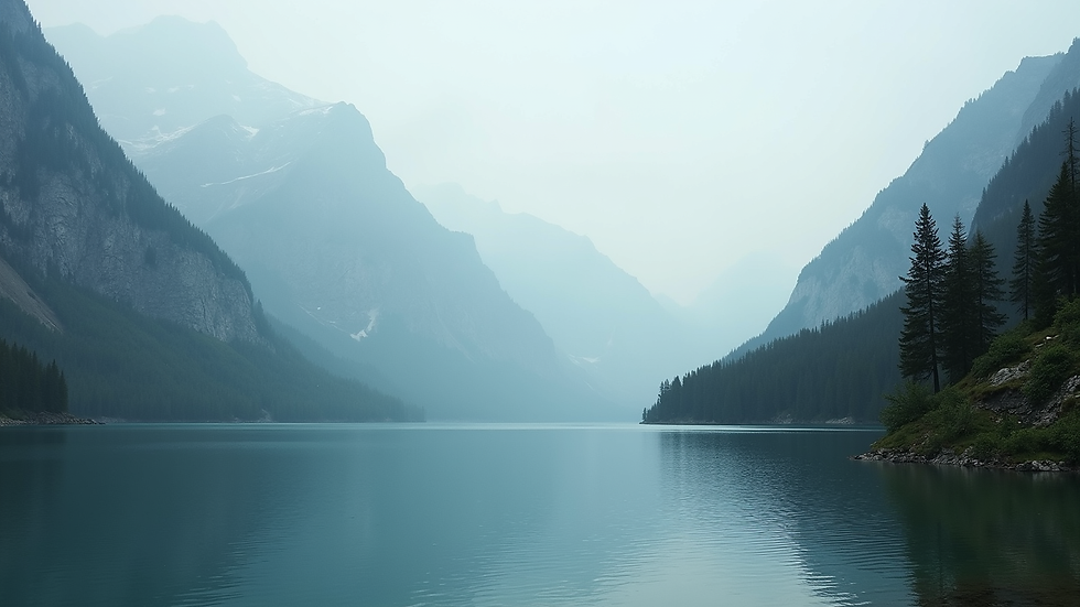 Wide angle view of a serene lake surrounded by mountains